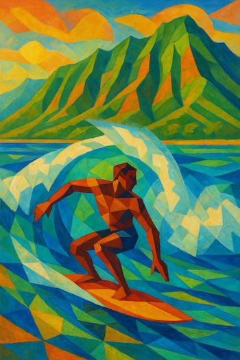 Surfer on wave in Hawaii - Cubist art.